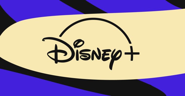 The Disney Plus logo on a beige and purple background