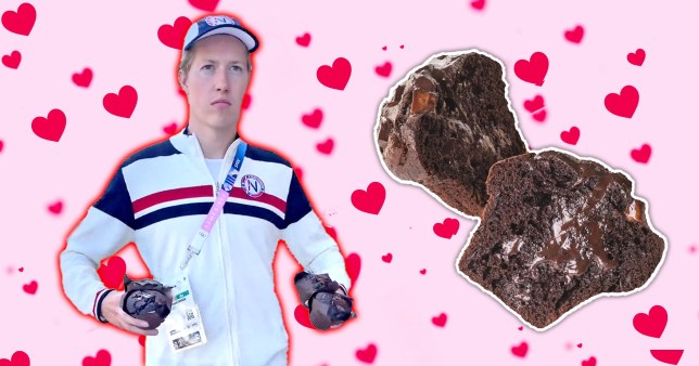 Henrik Christiansen and the Chocolate muffins from the Olympics, with hearts in the background