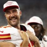 JACKSONVILLE, FL - AUGUST 10: Travis Kelce #87 of the Kansas City Chiefs smiles on the sidelines during the second quarter of an NFL preseason football game against the Jacksonville Jaguars at EverBank Stadium on August 10, 2024 in Jacksonville, Florida. (Photo by Kevin Sabitus/Getty Images)