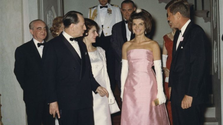 386620 14: The President and Mrs. Kennedy attend a dinner May 11, 1962 in honor of Minister of State for Cultural Affairs of France, Andre Malroux, left. (Photo courtesy of Kennedy Library Archives/Newsmakers), first ladies style