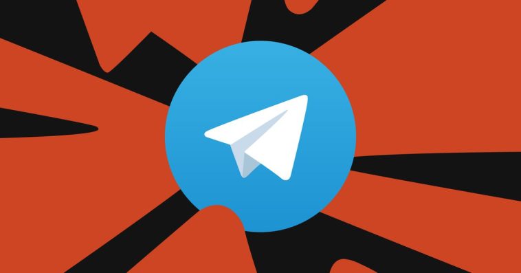 The Telegram logo on a black and red background