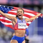 PARIS, FRANCE - AUGUST 06: Gold medalist Gabrielle Thomas of Team United States celebrates after winning the Women's 200m Final on day eleven of the Olympic Games Paris 2024 at Stade de France on August 06, 2024 in Paris, France (Photo by Mustafa Yalcin/Anadolu via Getty Images)