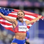 PARIS, FRANCE - AUGUST 06: Gold medalist Gabrielle Thomas of Team United States celebrates after winning the Women's 200m Final on day eleven of the Olympic Games Paris 2024 at Stade de France on August 06, 2024 in Paris, France (Photo by Mustafa Yalcin/Anadolu via Getty Images)