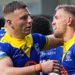 Picture by Olly Hassell/SWpix.com - 11/07/2024 - Rugby League - Betfred Super League Round 17 - Warrington Wolves v Leeds Rhinos - Halliwell Jones Stadium, Warrington, England - Matt Dufty of Warrington celebrates his try with George Williams of Warrington