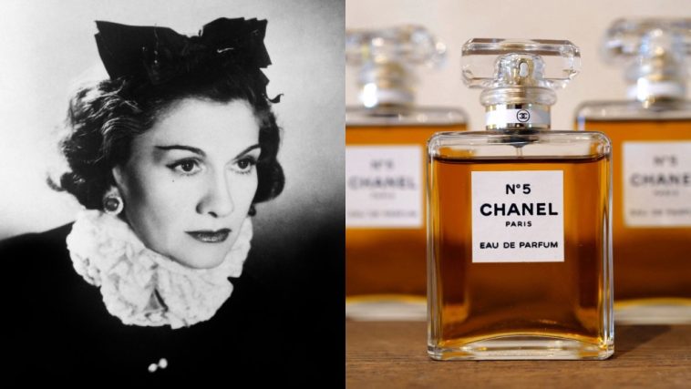 Coco Chanel in 1944; Bottles of Chanel No.5 perfume, quilted handbags, accessories, camellia, tweed skirt suit