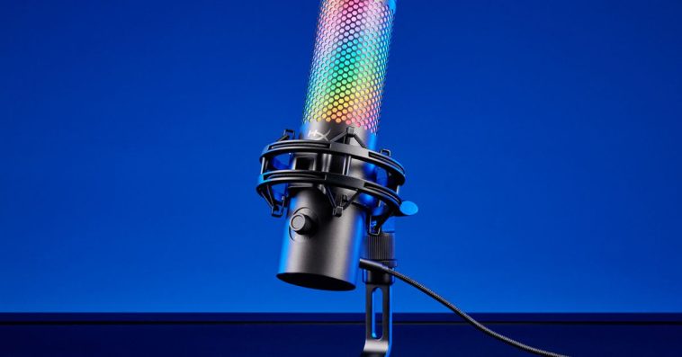 The HyperX QuadCast 2 S microphone pictured against a blue gradient background.