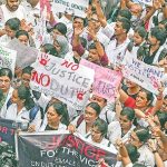 Doctors and students protest at RG Kar Medical College and Hospital in Kolkata on Wednesday 	(Photo: PTI)