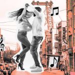 A collage of photos shows a man and woman dancing, with the Brooklyn Bridge in the background as well as some collaged music notes.