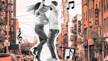 A collage of photos shows a man and woman dancing, with the Brooklyn Bridge in the background as well as some collaged music notes.