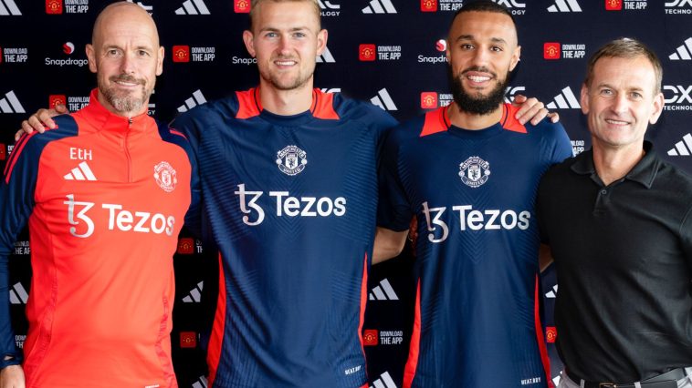 Matthijs de Ligt and Noussair Mazroui are flanked by Erik ten Hag and Dan Ashworth