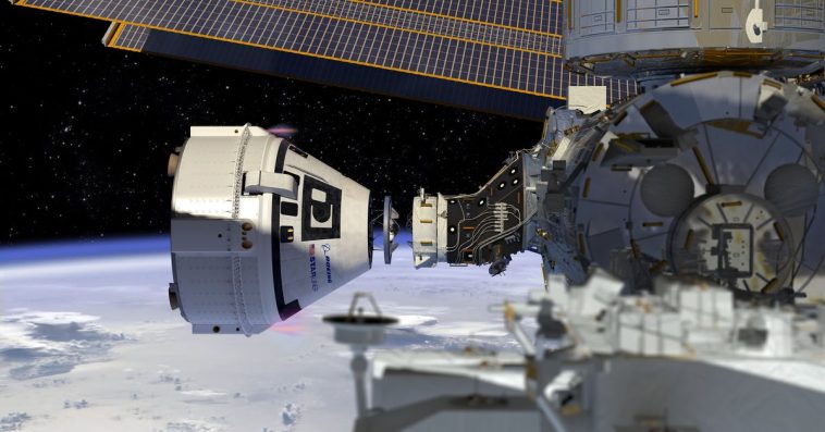 Boeing’s Starliner spacecraft next to the International Space Station.