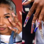 L to R: Jordan Chiles and Sha'Carri Richardson at the 2024 Paris Olympics, nail art, manicures, long nails