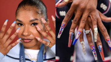 L to R: Jordan Chiles and Sha'Carri Richardson at the 2024 Paris Olympics, nail art, manicures, long nails