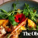 Nigel Slater’s recipes for roast chicken and peach salad and a plum shortcake