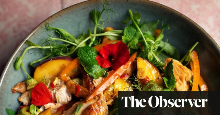 Nigel Slater’s recipes for roast chicken and peach salad and a plum shortcake