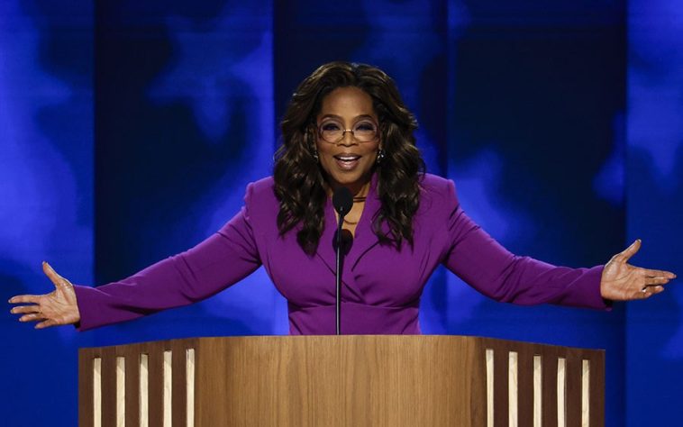 CHICAGO, ILLINOIS - AUGUST 21:  Talk show host Oprah Winfrey speaks on stage during the third day of the Democratic National Convention at the United Center on August 21, 2024 in Chicago, Illinois. Delegates, politicians, and Democratic Party supporters are in Chicago for the convention, concluding with current Vice President Kamala Harris accepting her party's presidential nomination. The DNC takes place from August 19-22. (Photo by Chip Somodevilla/Getty Images)