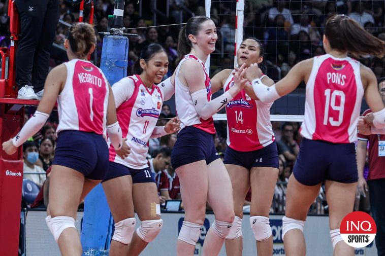 Erika Staunton and the Creamline Cool Smashers in the PVL Reinforced Conference game against Choco Mucho Flying Titans