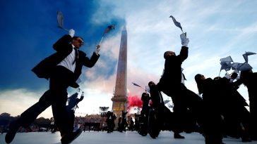 Dancers perform in front of the Obelisque de Louxor (Luxor Obelisk) at the Place de la Concorde during the Paris 2024 Paralympic Games Opening Ceremony in Paris on August 28, 2024.