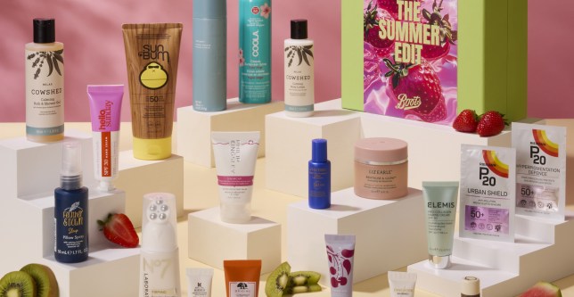 Beauty products sold at Boots arranged on various platforms, alongside the pink and green Summer Edit box