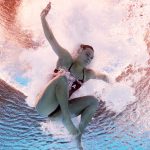 PARIS, FRANCE - AUGUST 07: (EDITORS NOTE: Image was captured using an underwater robotic camera.) Alison Gibson of Team United States competes in the Women's 3m Springboard Preliminaries on day twelve of the Olympic Games Paris 2024 at Aquatics Centre on August 07, 2024 in Paris, France. (Photo by Adam Pretty/Getty Images)