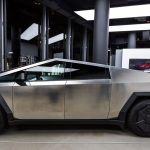 A photo of the Tesla Cybertruck in a Tesla showroom.