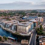 Aerial view of the River Nene and Peterborough United FC football stadium