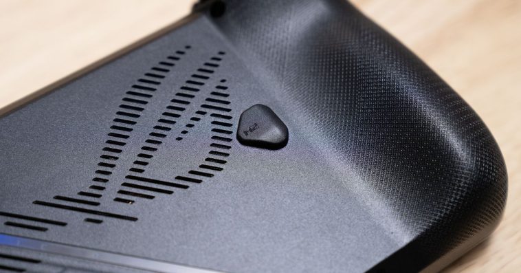 The back buttons and ROG ROG ROG texture of the grips are seen in this image of the back of the ROG Ally X. The grips look quite grippy.