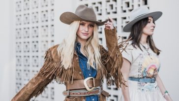 Tractor Supply's Western style: Scully suede fringe jacket, Denton cowboy hat; Tee Shirt Central dress, San Diego Hat Co. fedora.