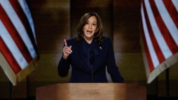 CHICAGO, ILLINOIS - AUGUST 22: Democratic presidential candidate, U.S. Vice President Kamala Harris speaks on stage during the final day of the Democratic National Convention at the United Center on August 22, 2024 in Chicago, Illinois. Delegates, politicians, and Democratic Party supporters are gathering in Chicago, as current Vice President Kamala Harris is named her party's presidential nominee. The DNC takes place from August 19-22. (Photo by Chip Somodevilla/Getty Images)