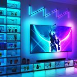 A flat screen TV surrounded by 54 of Nanoleaf’s color-changing Expo Smart Display Cases.