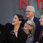 Selena Gomez, Meryl Streep, Steve Martin, Martin Short and John Hoffman take a selfie at the season 4 premiere of Only Murders in the Building