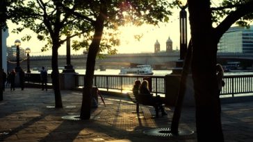 Summer evening on South bank of river Thames London.