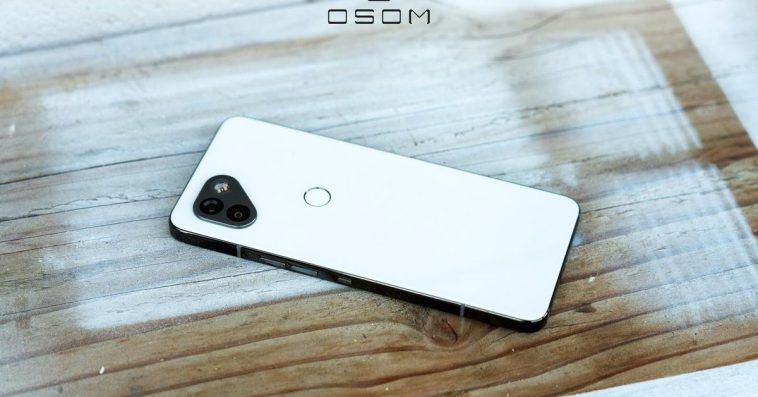 A picture of the OSOM OV1 smartphone laying face down.