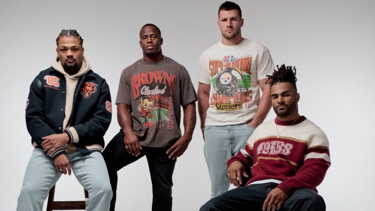 NFL players Rome Odunze, Nick Chubb, TJ Watt and Fred Warner in the Abercrombie & Fitch campaign.