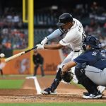 Sep 25, 2024; Detroit, Michigan, USA; Detroit Tigers right fielder Wenceel Pérez (46) hits an RBI single against the Tampa Bay Rays in the first inning at Comerica Park. Mandatory Credit: Lon Horwedel-Imagn Images