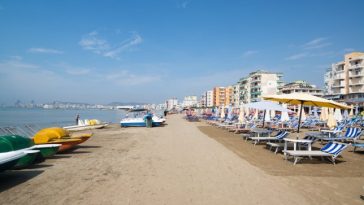 DURRES, ALBANIA - Circa September, 2016: More than 20 km beach strip in the bay of Durres, Albania