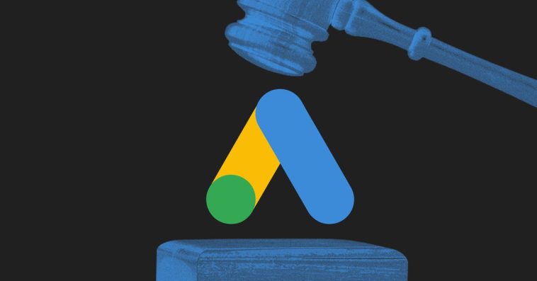 Photo collage of a gavel poised to smash the Google Ads logo.