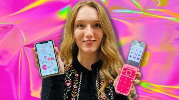 Courtney holding her iPhone in one hand and Barbie flip phone in the other, with a pink background