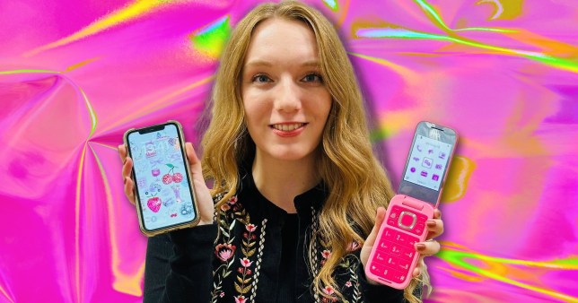 Courtney holding her iPhone in one hand and Barbie flip phone in the other, with a pink background