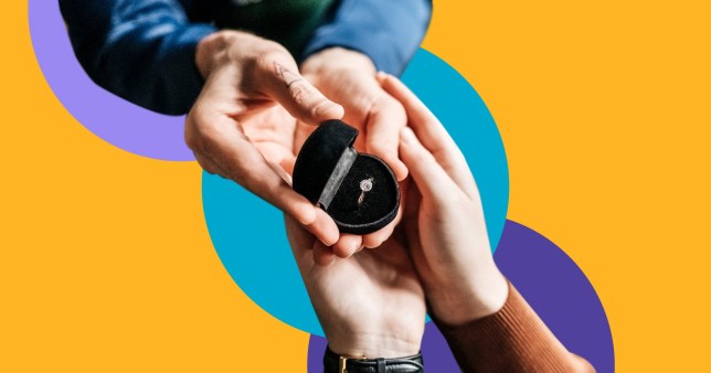 Hands opening an engagement box with a ring inside, another person's hands clasped around them