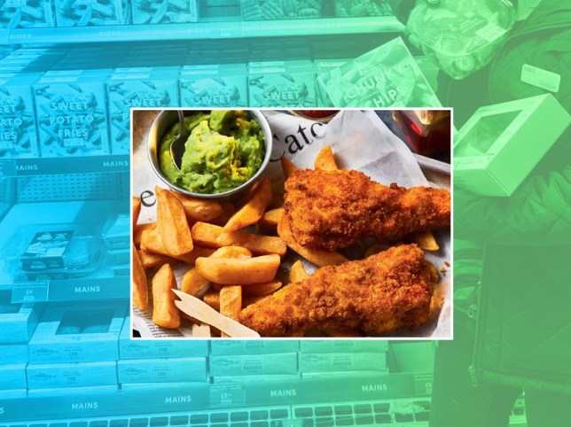 A plate of fish, chips and mushy peas is pictured against a backdrop of M&S supermarket shelves