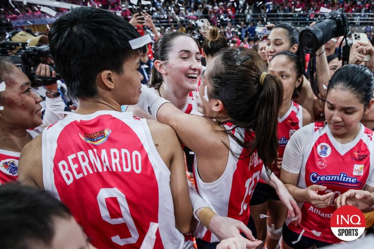 Creamline Cool Smashers' Erica Staunton celebrate her team's PVL Reinforced Conference win championship