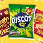 90s crisps such as Frazzles, Discos and Pom-Bears on colouful background