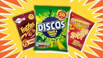 90s crisps such as Frazzles, Discos and Pom-Bears on colouful background