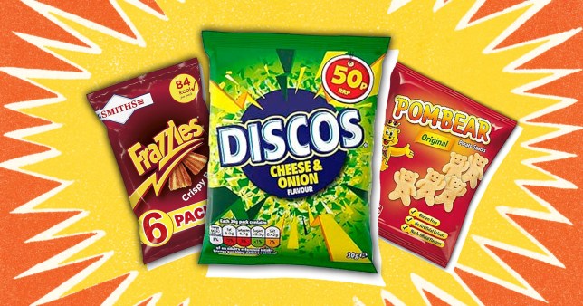 90s crisps such as Frazzles, Discos and Pom-Bears on colouful background