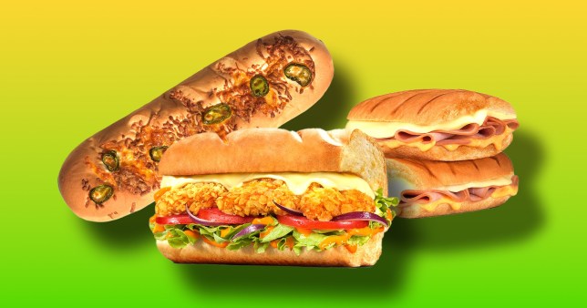 Subway items Jalapeno cheese bread, chicken sub, and a ham and cheese toastie