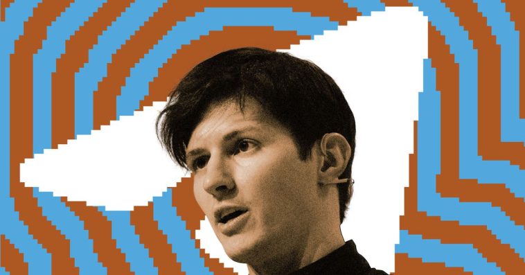 Photo illustration of Telegram CEO Pavel Durov with the Telegram logo.