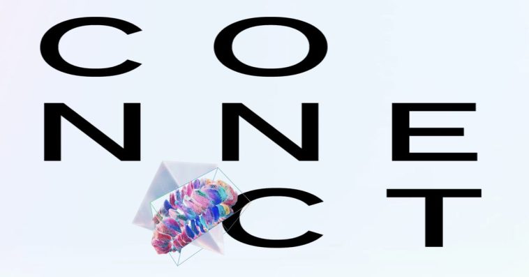 the letters of the word “connect” spelled out on three lines, and a floating diamond with colorful shapes around it