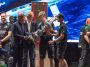 Pietro Beccari and Bernard Arnault present the Auld Mug to Emirates Team New Zealand, winners of the Louis Vuitton 37th America's Cup, at a ceremony in Barcelona.