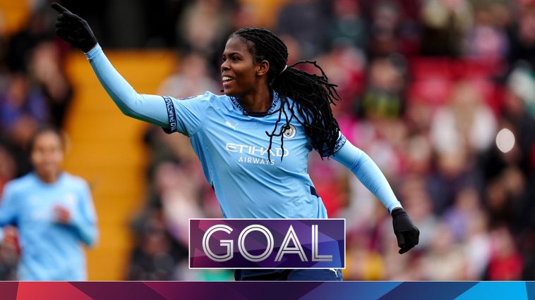 Khadija Shaw header levels for Manchester City at Liverpool.